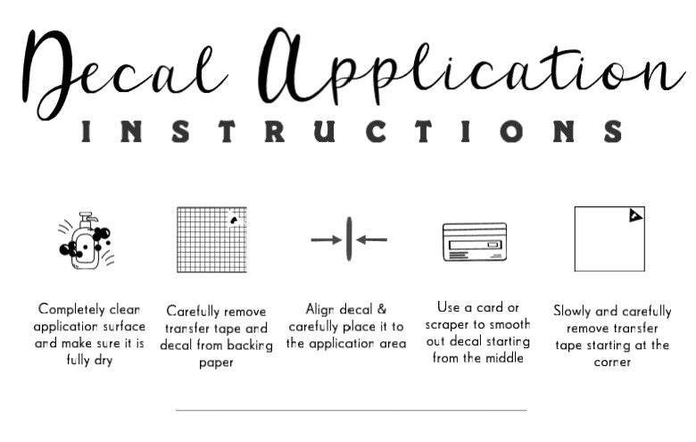 Decal application instructions with icons and text on a white background