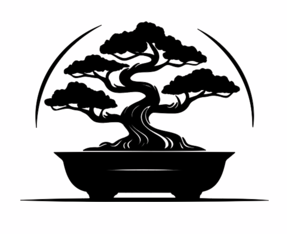Black silhouette of a bonsai tree in a pot on a white background