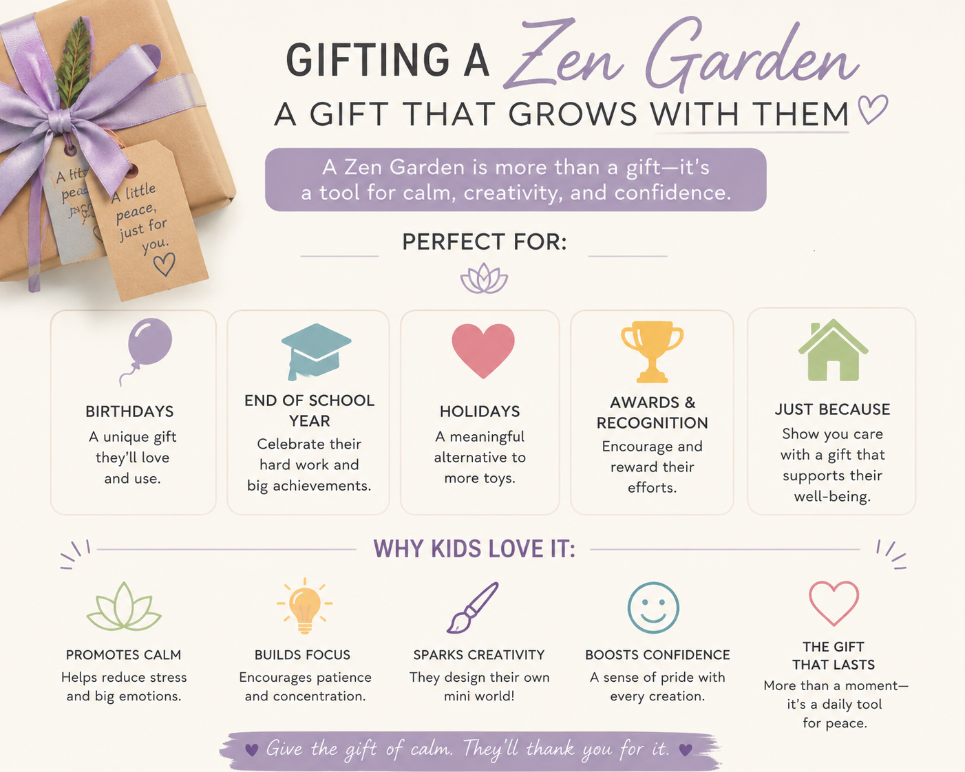 a list of gifting ideas for a kids zen garden