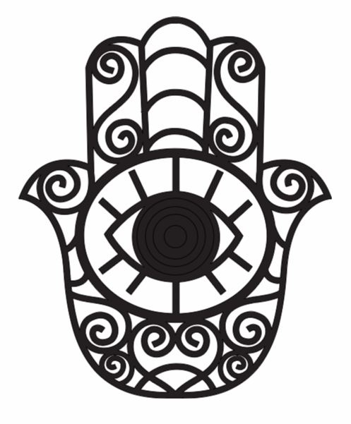 Black Hamsa hand with an eye design on a white background