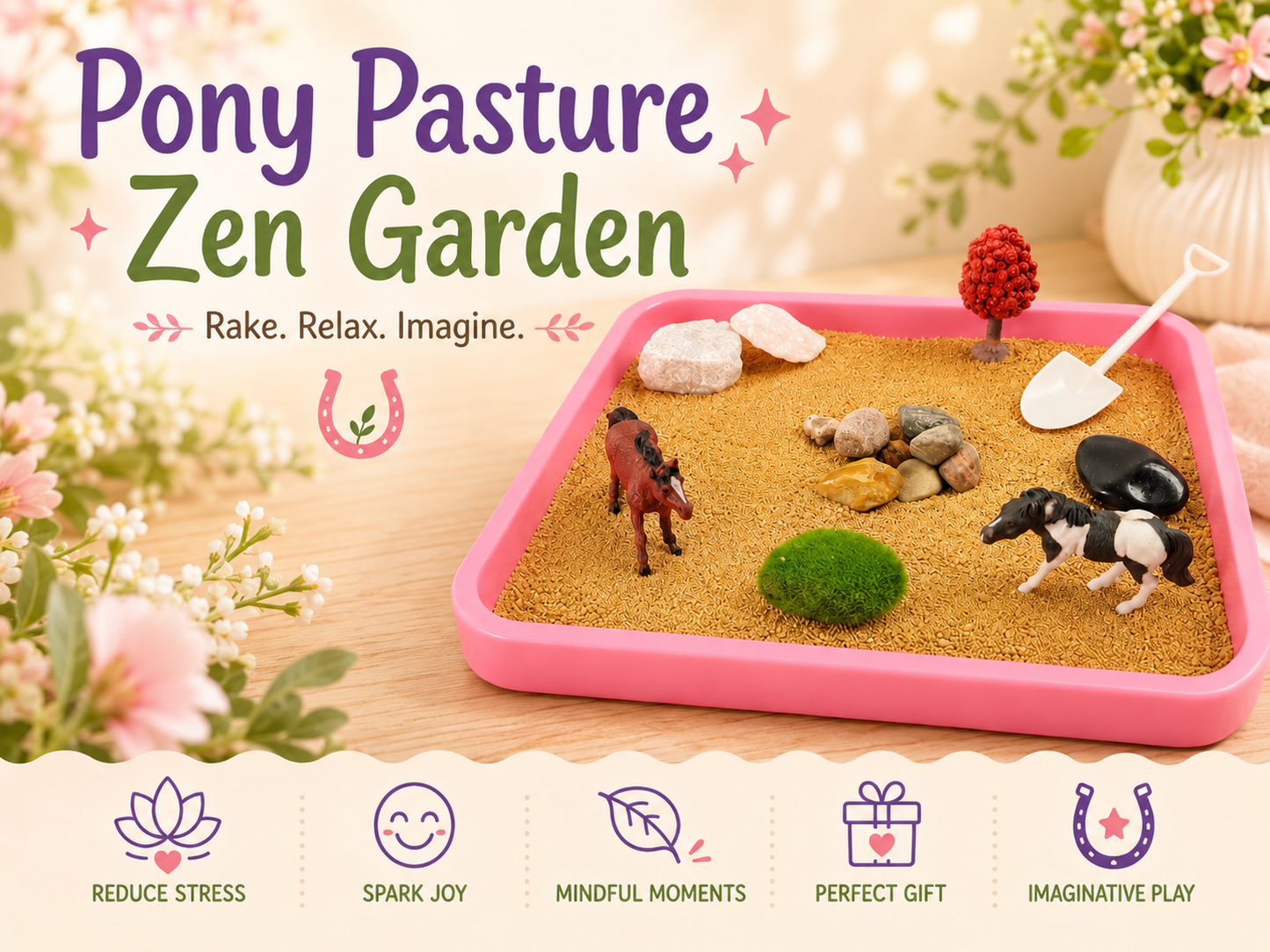 Pony Pasture Kids Zen Garden – Horse Sensory Sand Play Kit for Calm, Creative Fun