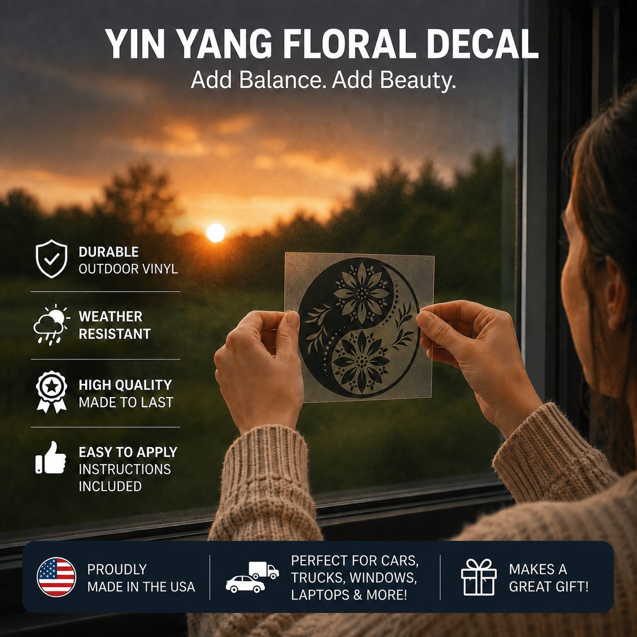 Floral Yin Yang Vinyl Decal | Balance & Harmony Car Window Sticker