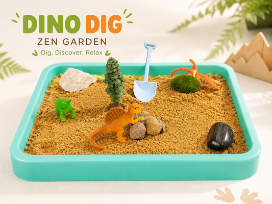 a dinosaur zen garden for kids with label
