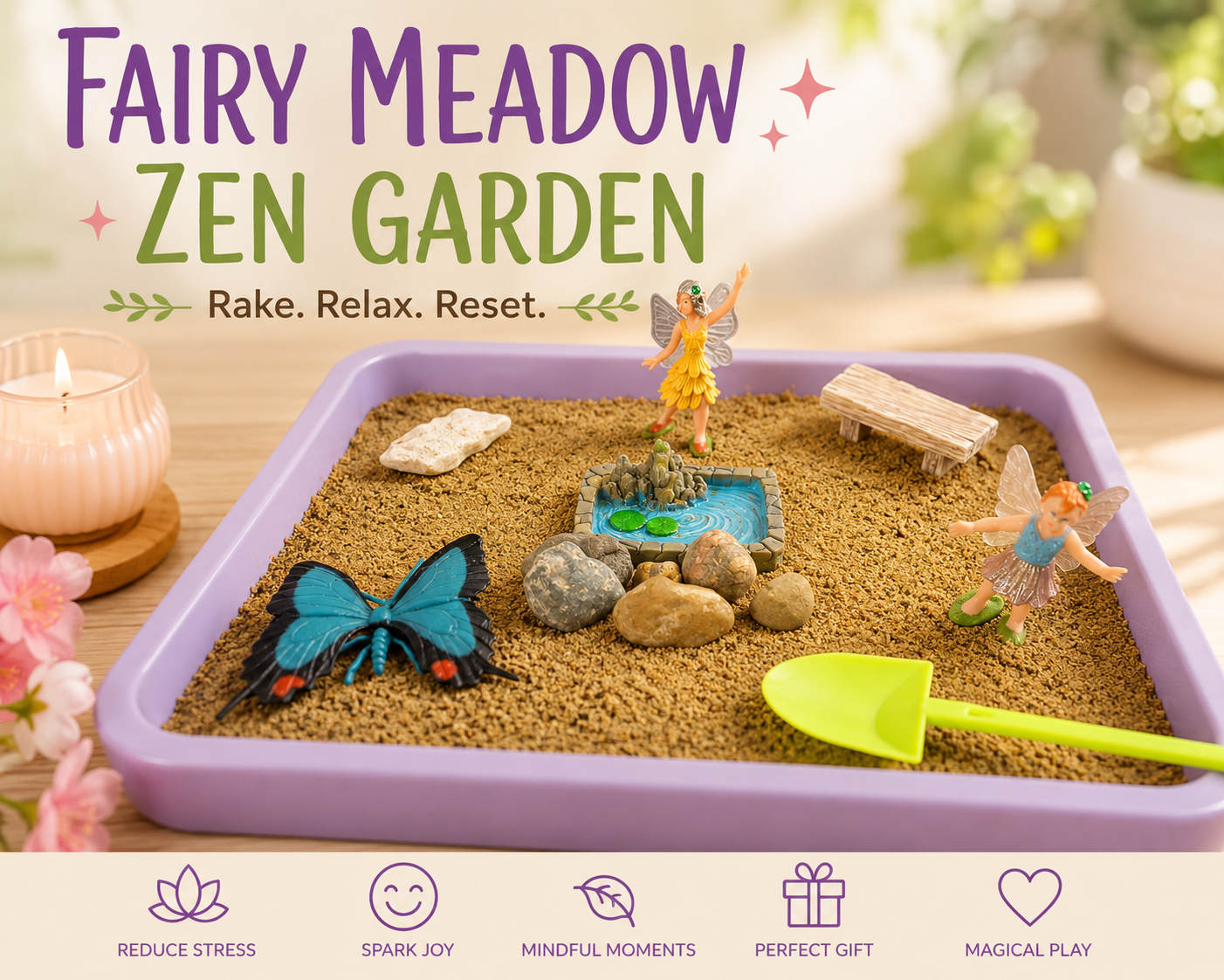 Fairy Meadow Kids Zen Garden – Fairy Sensory Sand Play Kit for Calm, Creative Fun