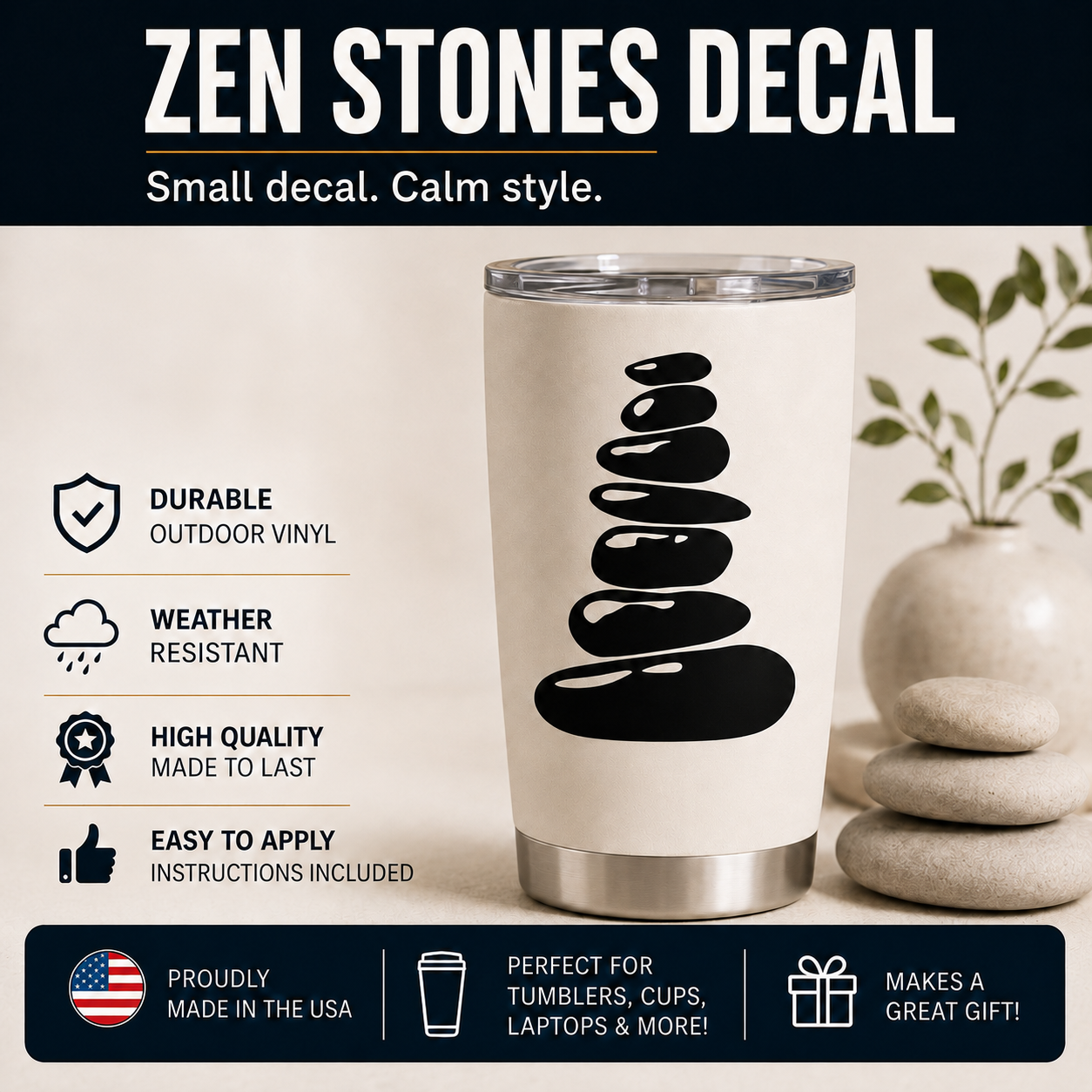Zen Stacked Stones Vinyl Decal | Peaceful Living Window Sticker