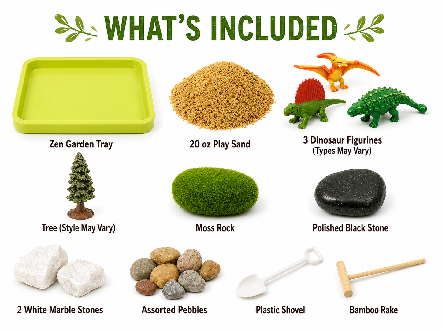 a list of items included with pictures on a white background
