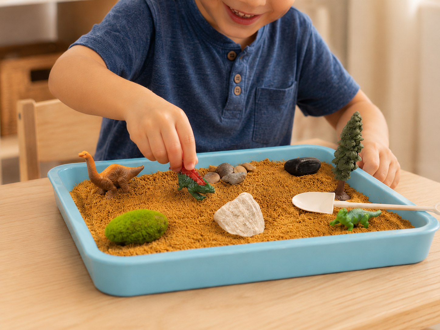 a child playing in a dinosaur zen garden