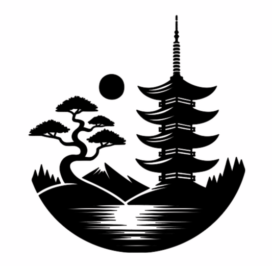 Black and white illustration of a pagoda, trees, and mountains on a white background