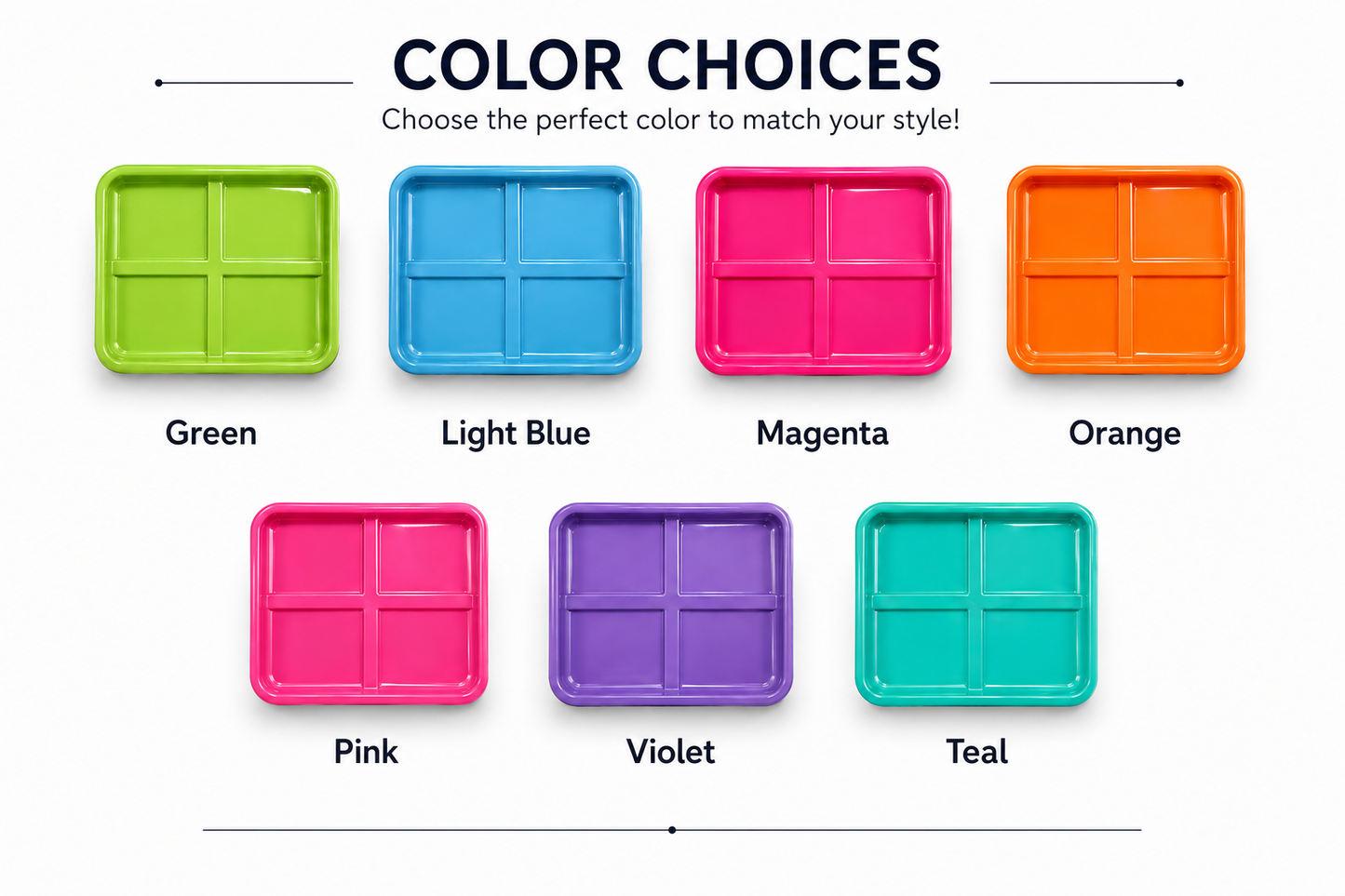 a photo of different tray colors on a white background
