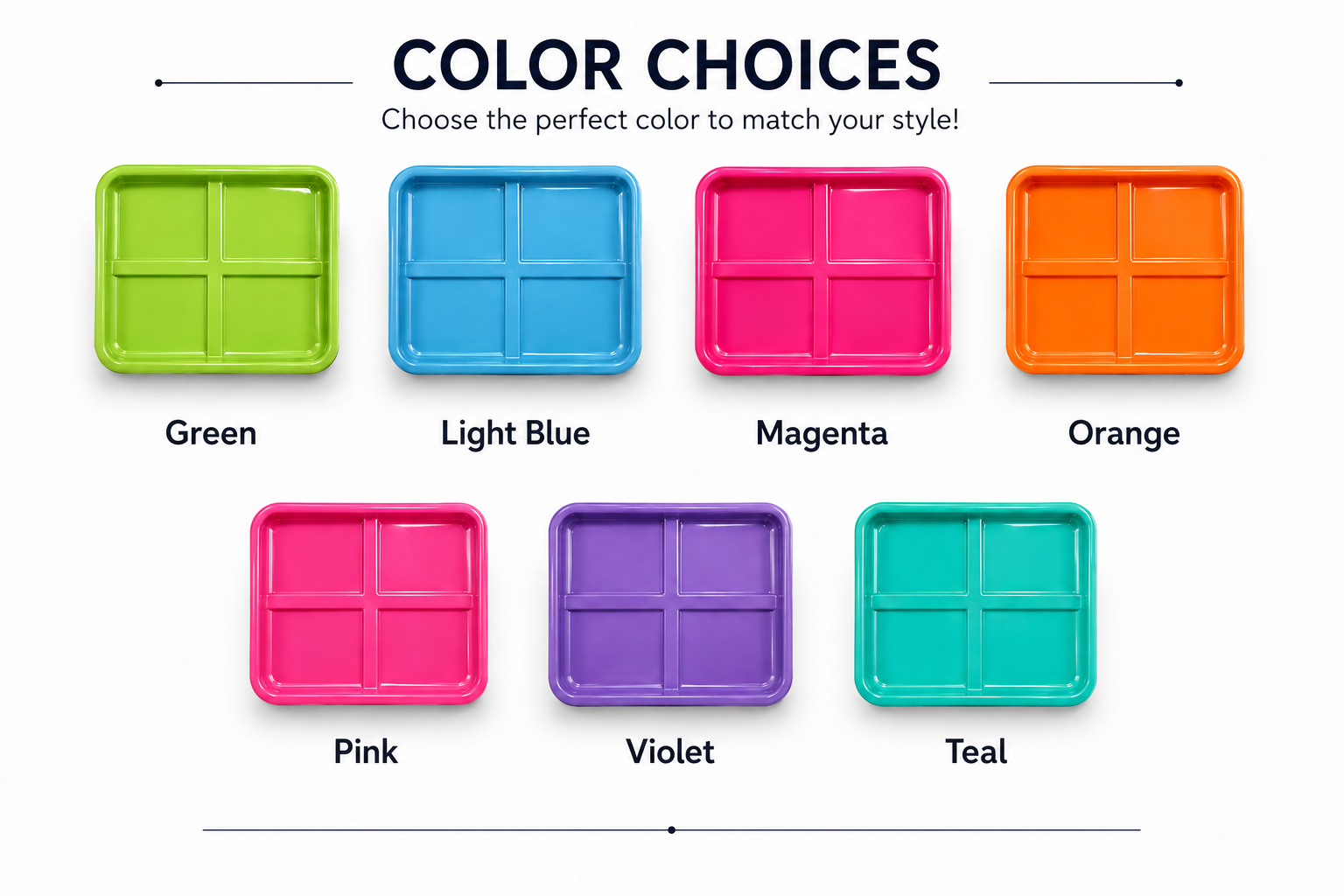 a photo of different tray colors on a white background