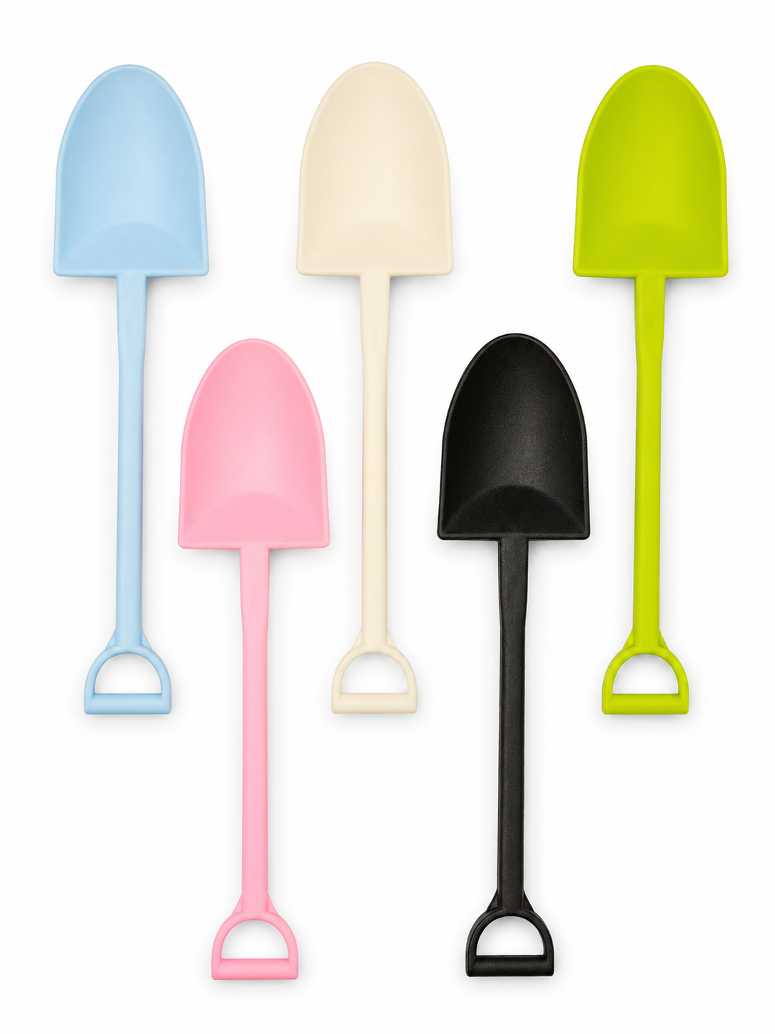 different colored shovels on a white background