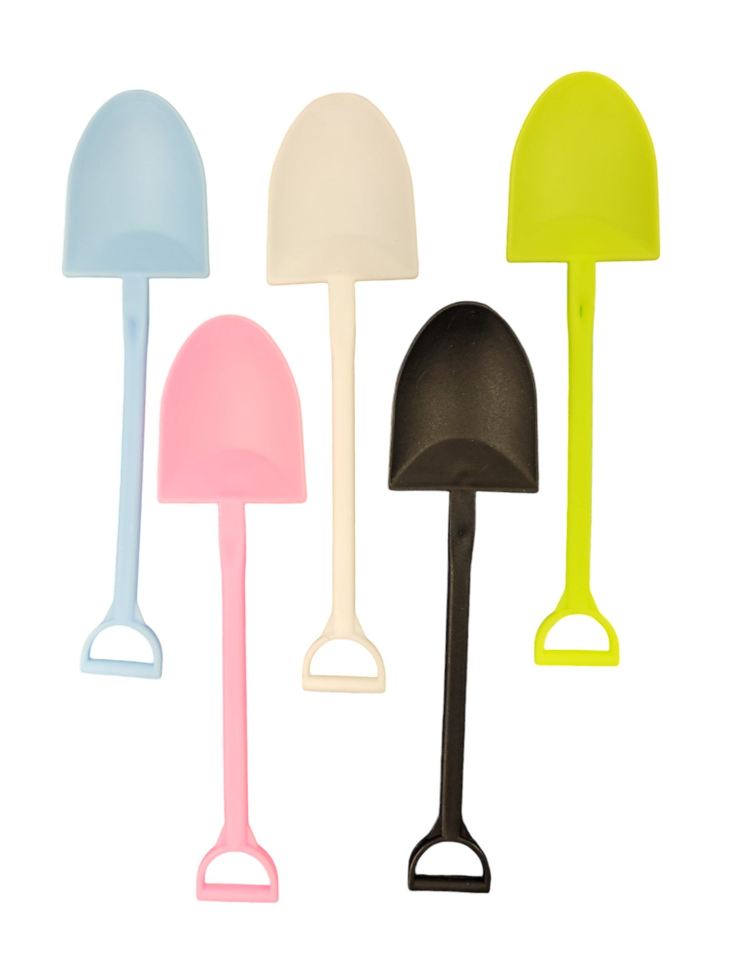 Five colorful shovels on a white background