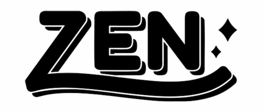 Black 'ZEN' logo with decorative elements on a white background